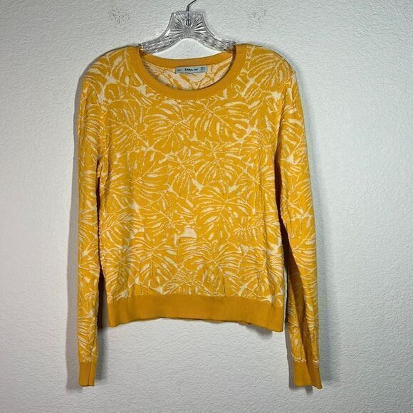 Zara Knit Crew Neck Pullover Sweater Women's Medium Yellow‎ Floral - Picture 1 of 6